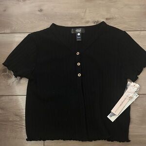 Aqua Black Ribbed Button-Down Top